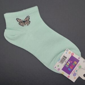 icy blue ankle socks with pink butterfly